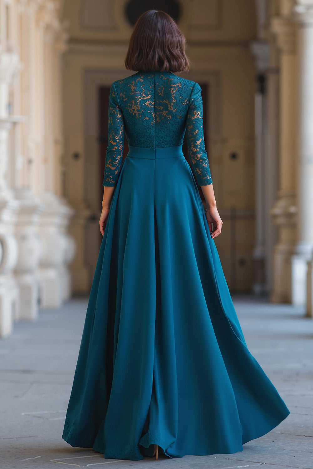 Peacock Blue A-Line High Neck Long Mother of the Bride Dress