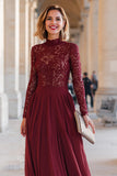 Burgundy A-Line High Neck Applique Mother of the Bride Dress