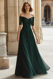 A-Line Pine Off the Shoulder Applique Beading Mother of the Bride Dress