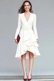 Ivory Ruffled A Line V Neck Midi Work Dress with Belt
