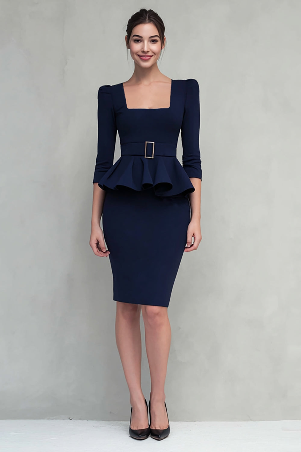 Navy Ruffled Square Neck Sheath Midi Work Dress