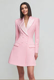 Pink Peak Lapel A Line Satin Double Breasted Short Work Dress with Sleeves