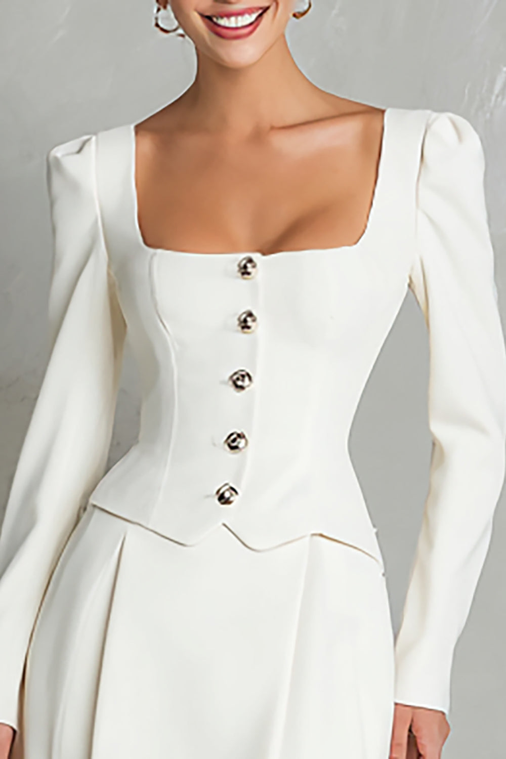 Ivory 2 Piece Square Neck Crepe Single Breasted Midi Work Dress with Sleeves