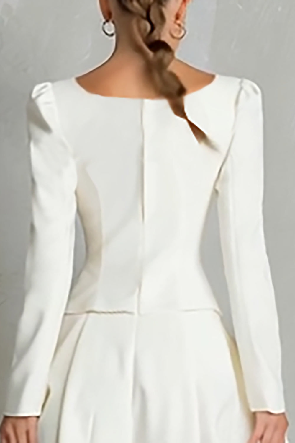 Ivory 2 Piece Square Neck Crepe Single Breasted Midi Work Dress with Sleeves
