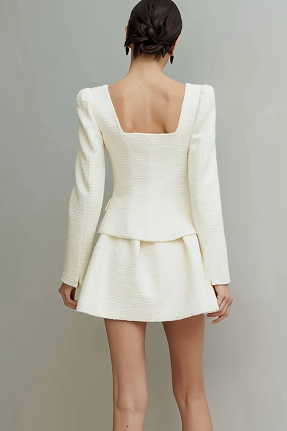2 Piece Ivory Tweed Square Neck Single Breasted Long Sleeves Short Work Dress