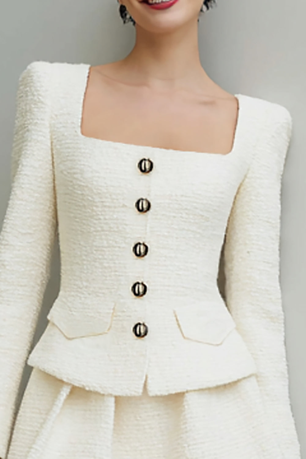2 Piece Ivory Tweed Square Neck Single Breasted Long Sleeves Short Work Dress