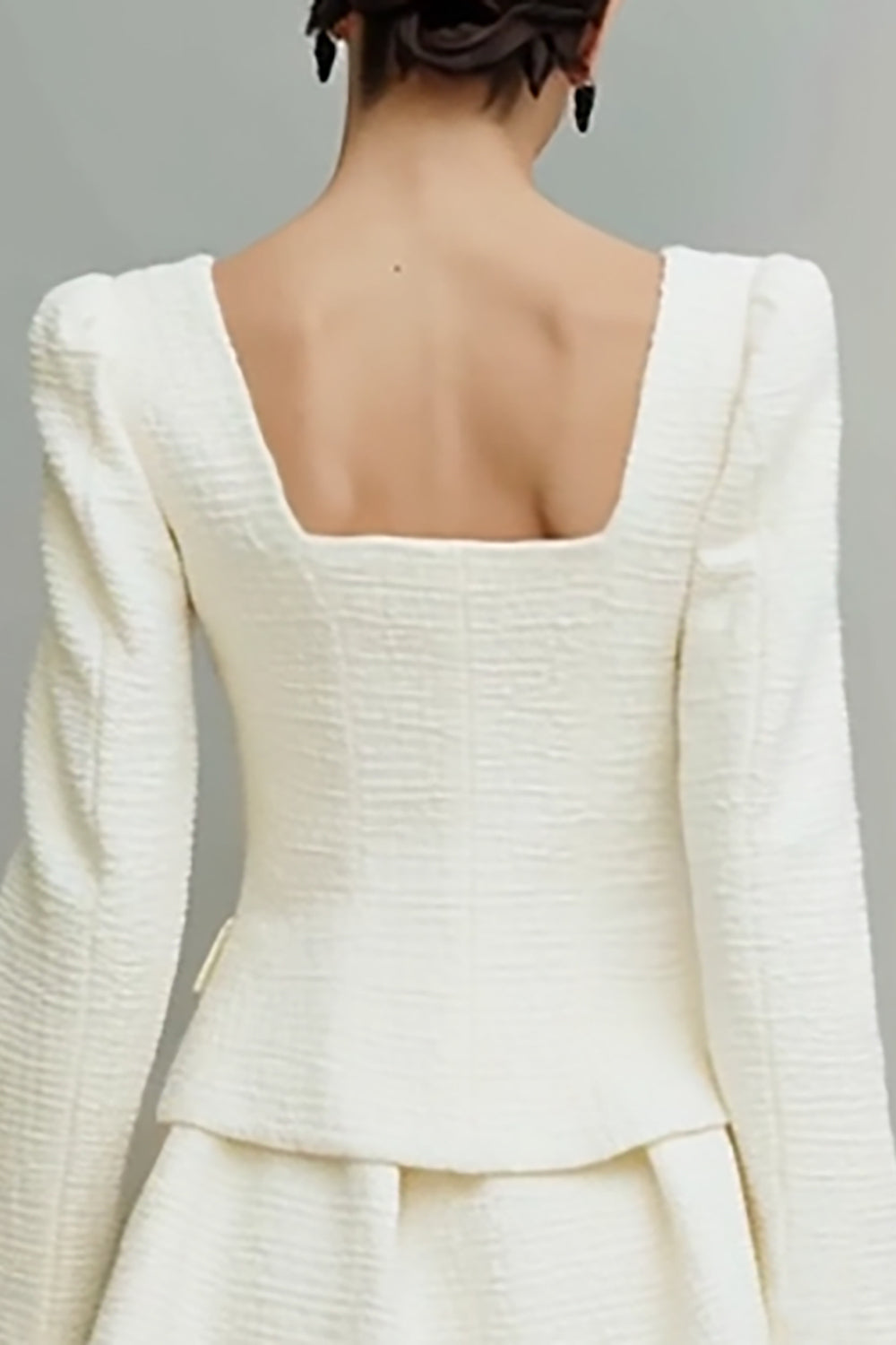 2 Piece Ivory Tweed Square Neck Single Breasted Long Sleeves Short Work Dress