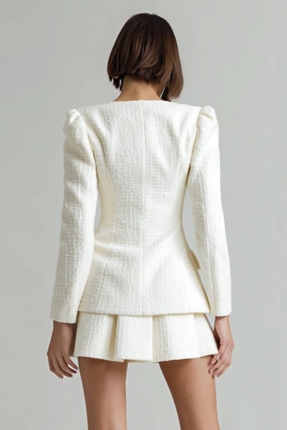 2 Piece Ivory Tweed Single Breasted A Line Work Dress with Sleeves