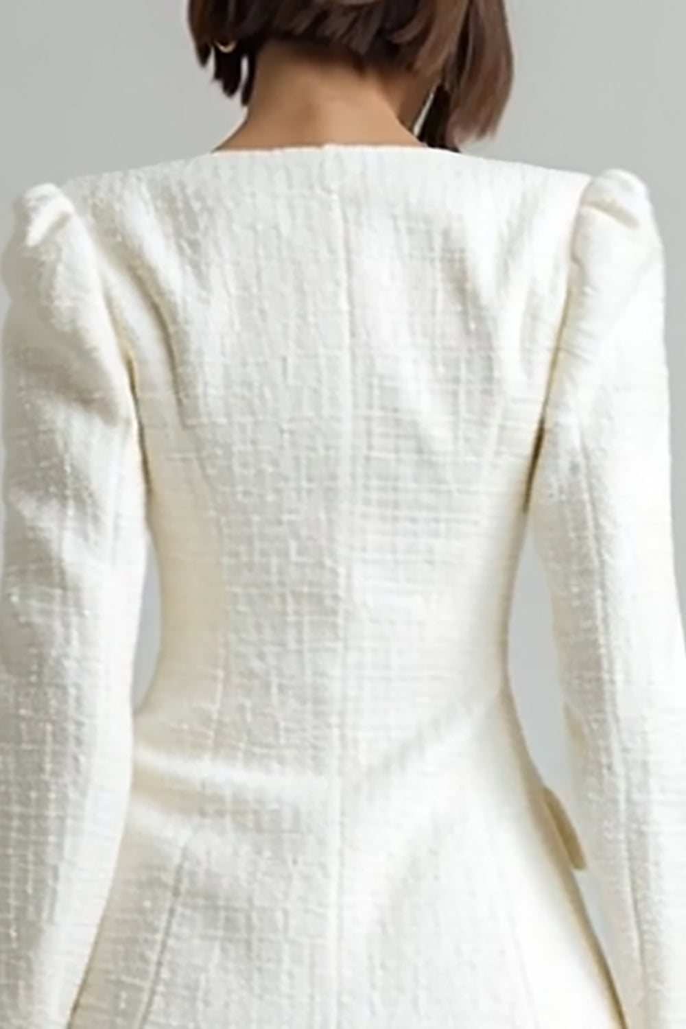 2 Piece Ivory Tweed Single Breasted A Line Work Dress with Sleeves
