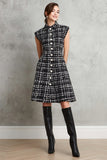 Black Tweed Plaid Single Breasted A Line Midi Work Dress