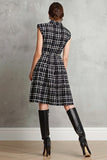 Black Tweed Plaid Single Breasted A Line Midi Work Dress