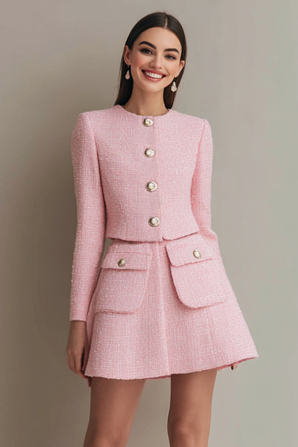 Pink 2 Piece Tweed A Line Long Sleeves Single Breasted Short Work Dress with Pockets