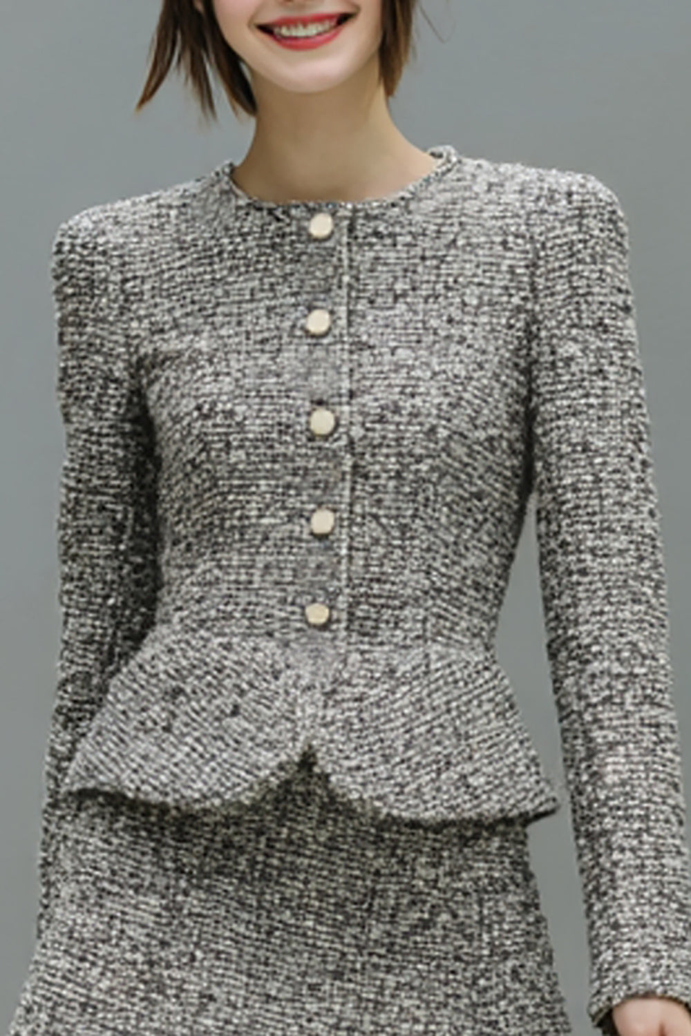Grey 2 Piece Tweed Single Breasted Short Work Dress with Sleeves