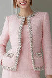 Pink 2 Piece Bodycon Tweed Short Work Dress with Sleeves