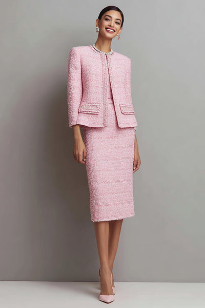 knee length dresses for ladies European Long Sleeves Two Piece Elegant Vintage Tweed Dress White / L main image 1