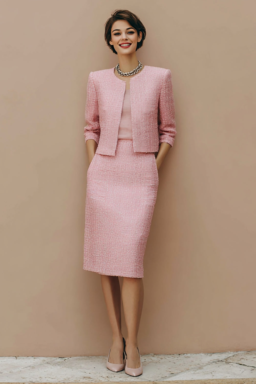 Pink Pencil Tweed Midi 2 Piece Work Dress