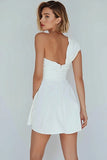 One Shoulder A Line Ruched Little White Dress