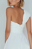 One Shoulder A Line Ruched Little White Dress