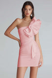 Ruched One Shoulder Bodycon Satin Little White Dress