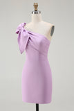 Lilac One Shoulder Bodycon Short Homecoming Dress with Bow