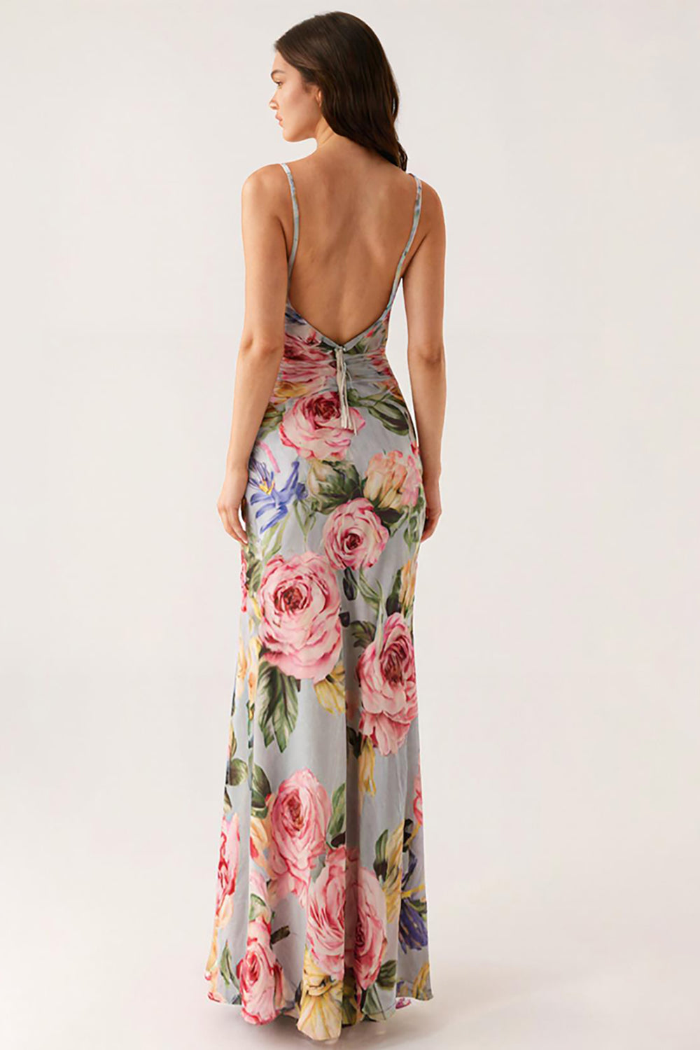 Grey Blue Floral Spaghetti Straps Mermaid Evening Dress