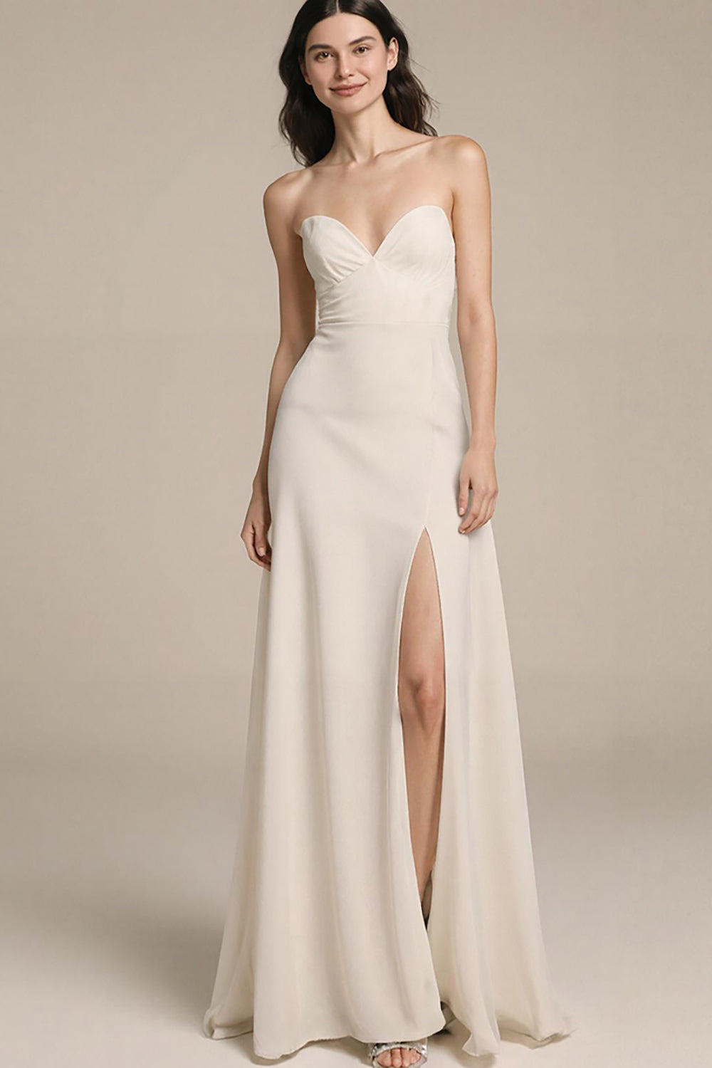 Strapless Ivory Backless Evening Dress with Slit