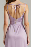 Purple Spaghetti Straps Pleated Satin Evening Dress