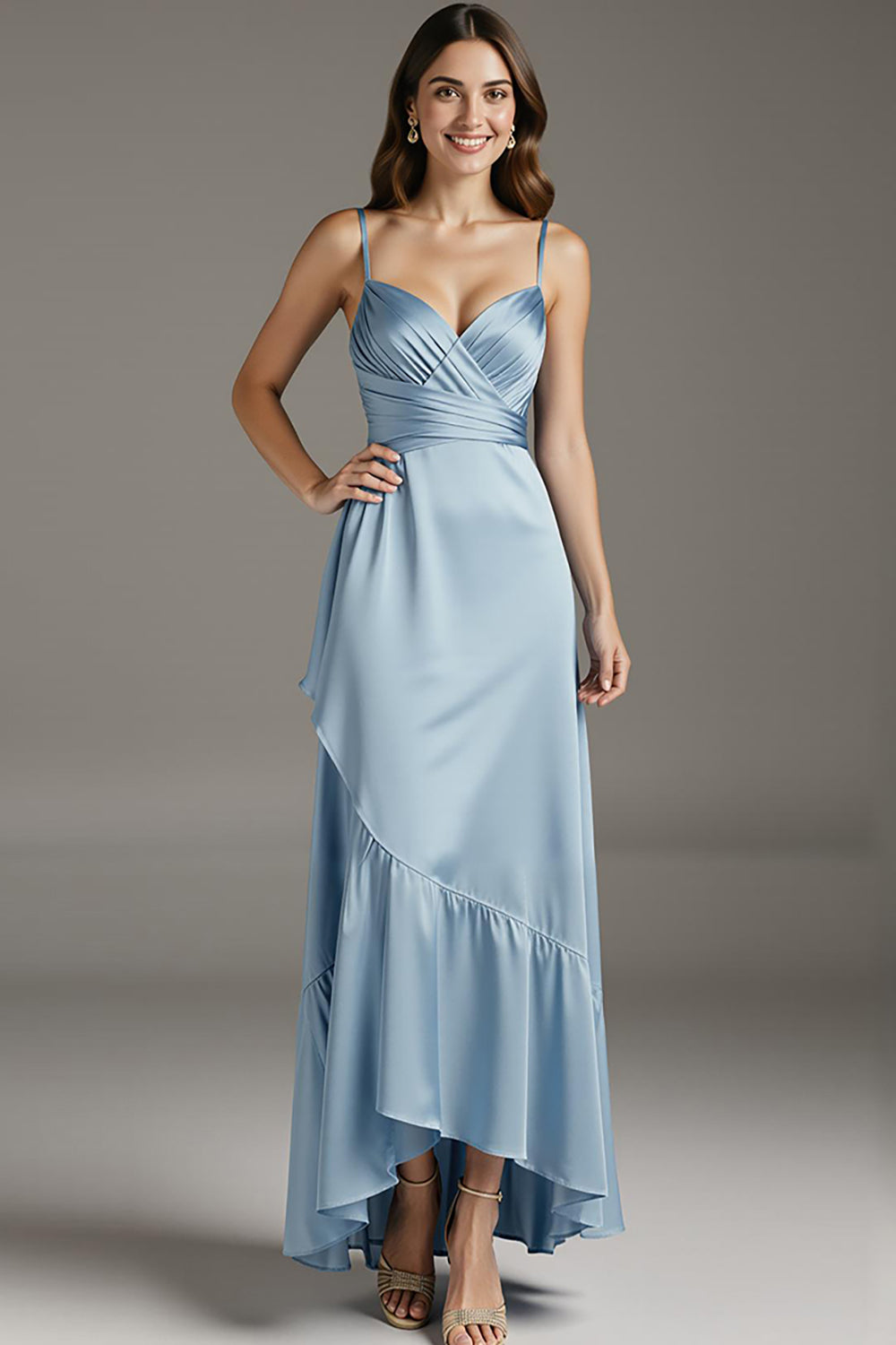 Sky Blue Spaghetti Straps Evening Dress with Ruffles