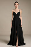 A Line Black V Neck Evening Dress with Slit