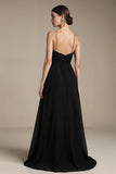A Line Black V Neck Evening Dress with Slit