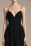 A Line Black V Neck Evening Dress with Slit