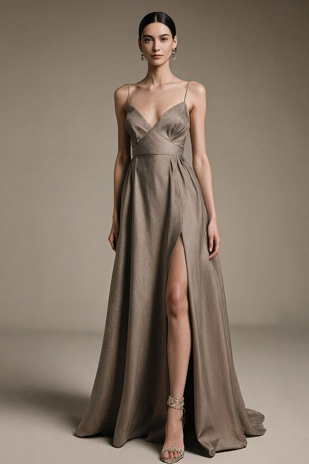 Coffee V Neck A Line Long Evening Dress with Slit