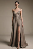 Coffee V Neck A Line Long Evening Dress with Slit