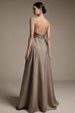 Coffee V Neck A Line Long Evening Dress with Slit