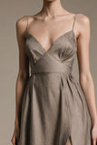 Coffee V Neck A Line Long Evening Dress with Slit