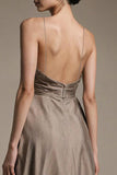 Coffee V Neck A Line Long Evening Dress with Slit