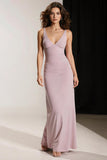Simple Light Pink Sheath V Neck Long Evening Dress