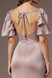 Light Pink Satin Mermaid Square Neck Long Prom Dress with Sleeves