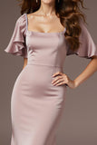 Light Pink Satin Mermaid Square Neck Long Prom Dress with Sleeves