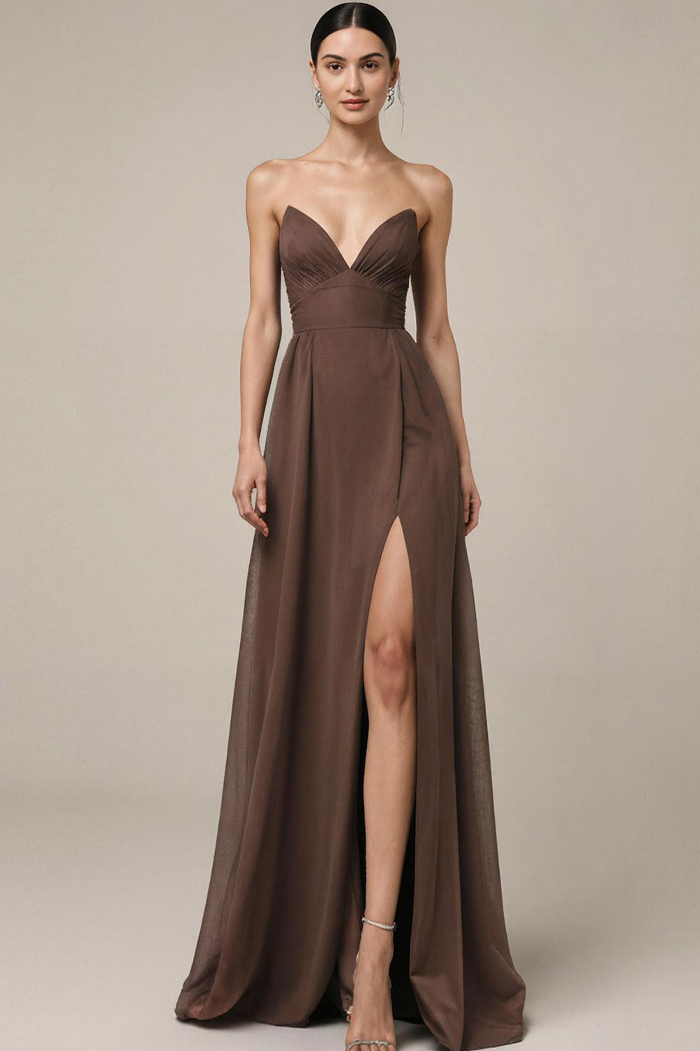 Brown Satin Sweetheart Long Formal Dress with Slit