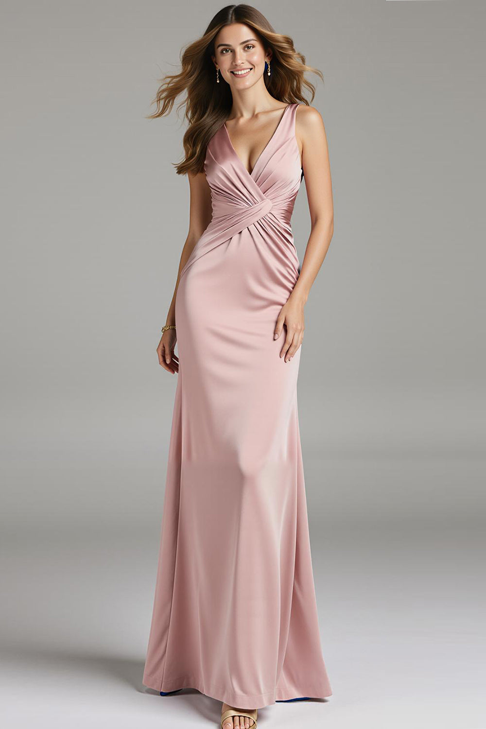 Light Pink Satin Mermaid Ruched Long Prom Dress