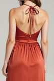 Burunt Orange Spaghetti Straps Ruched Long Formal Dress with Slit
