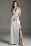 Light Grey Satin Halter Sheath Long Formal Dress with Slit