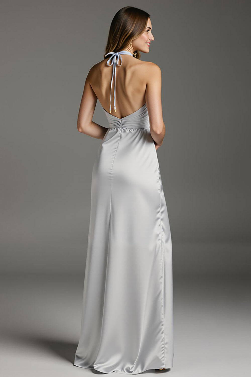 Light Grey Satin Halter Sheath Long Formal Dress with Slit