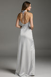 Light Grey Satin Halter Sheath Long Formal Dress with Slit