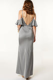 Steel Grey Satin Cold Shoulder Mermaid Long Formal Dress