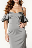 Steel Grey Satin Cold Shoulder Mermaid Long Formal Dress