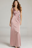 Light Pink Satin V-Neck Sheath Ruched Formal Dress