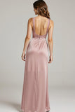 Light Pink Satin V-Neck Sheath Ruched Formal Dress
