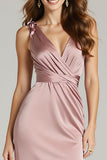 Light Pink Satin V-Neck Sheath Ruched Formal Dress